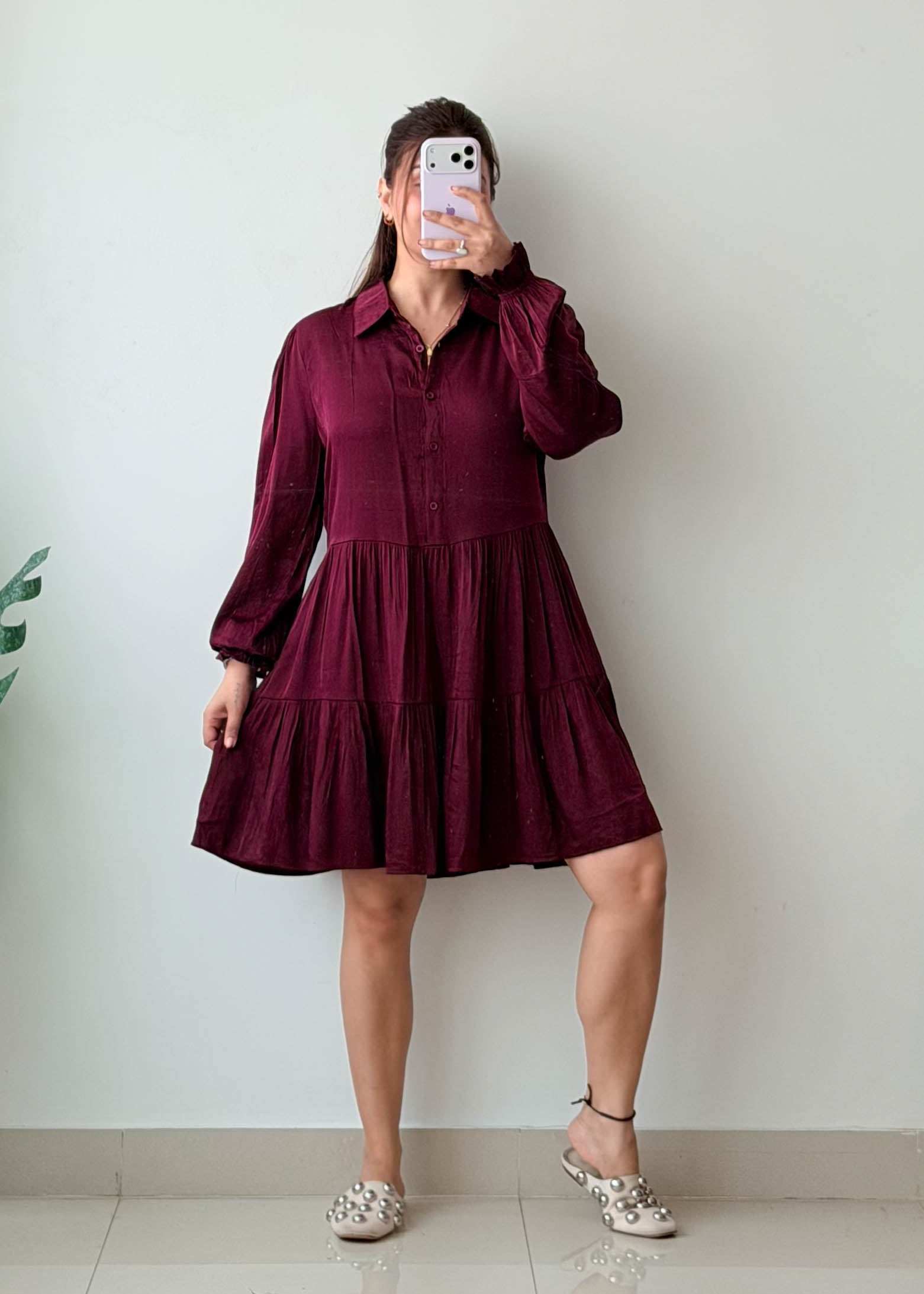 Size S-M Wine Cotton Tiered Mini Dress