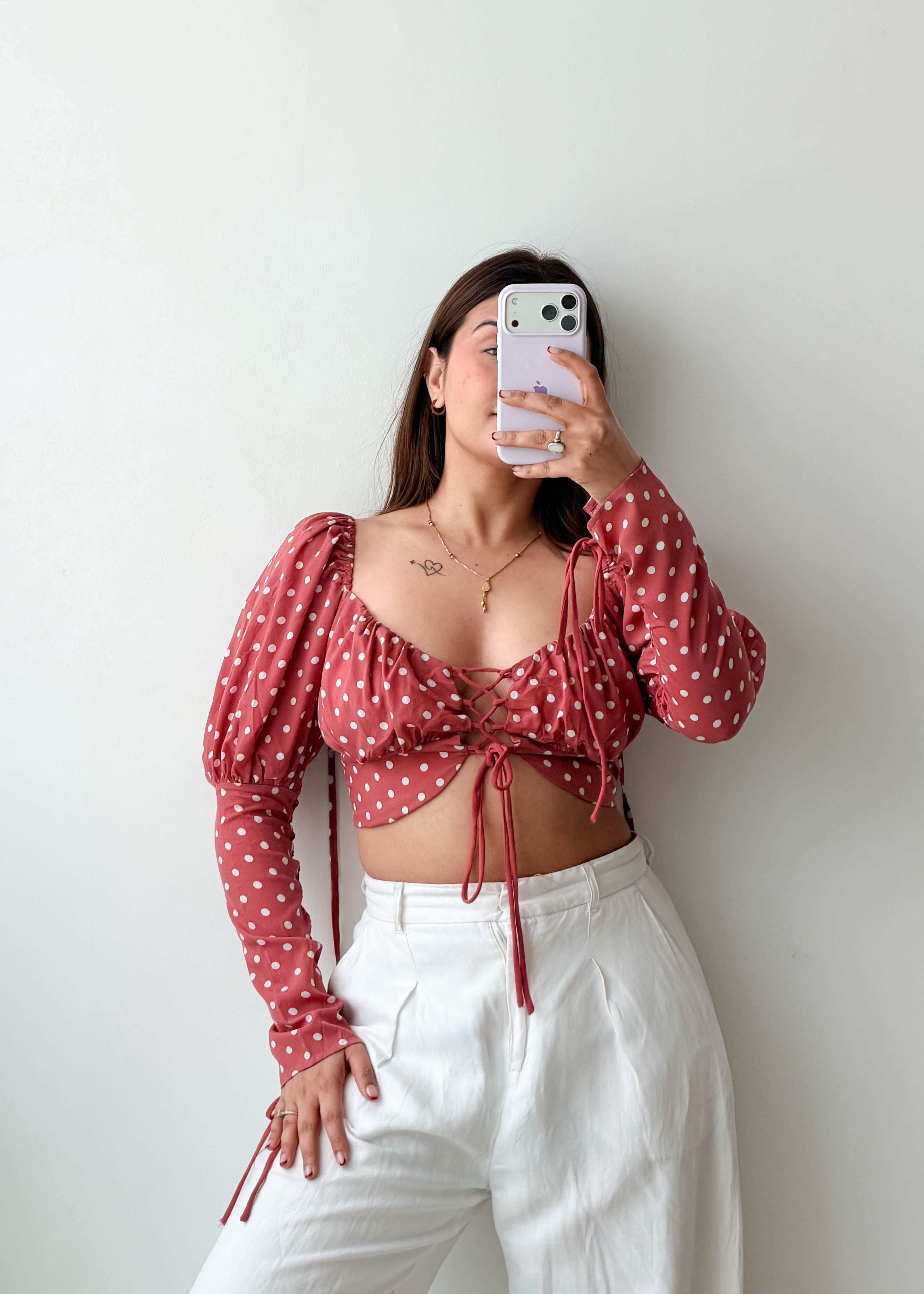Size XS-S Pink Polka Dot Tie-Up Crop Top