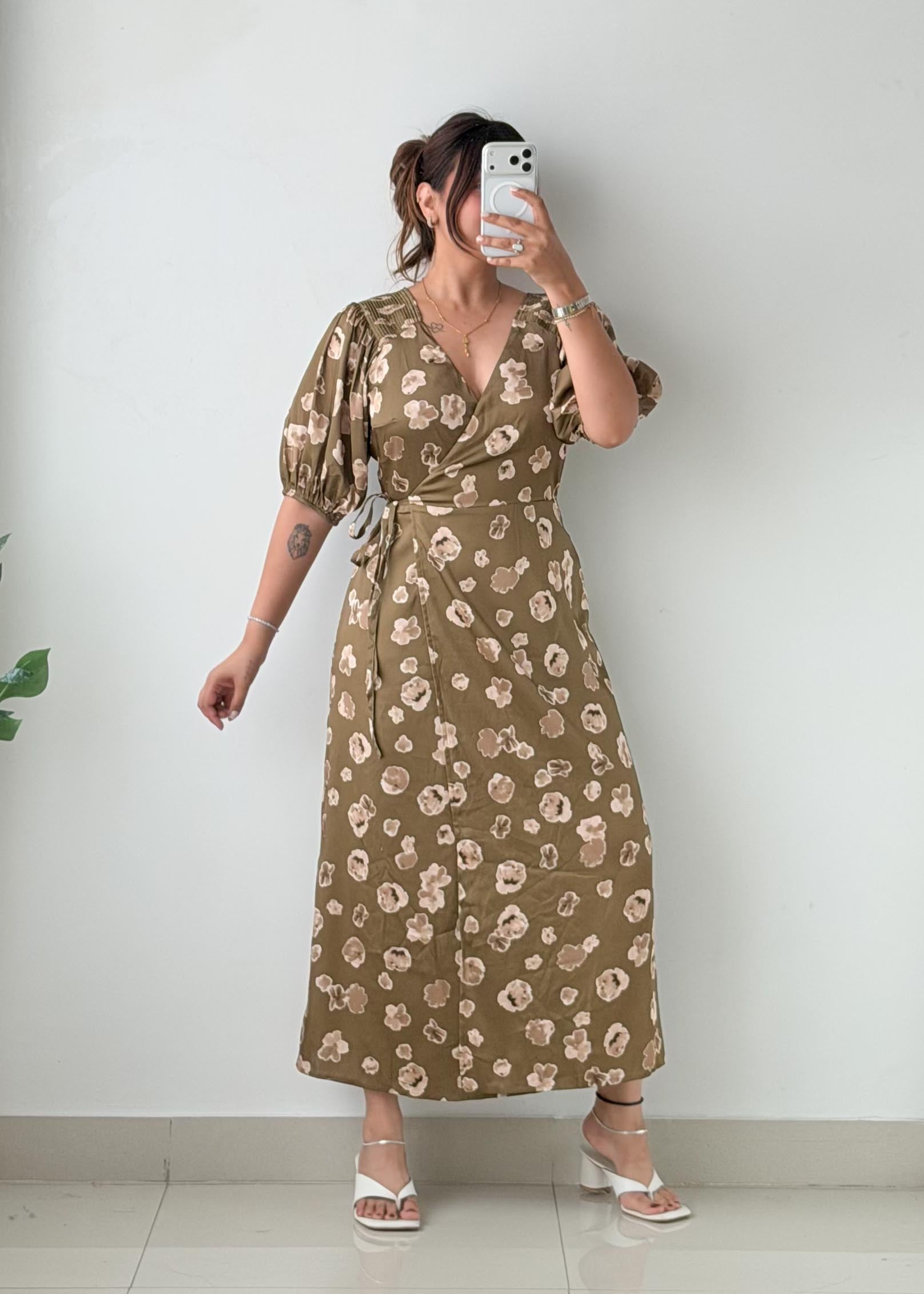 Size M-L Olive Floral Print Wrap Maxi Dress