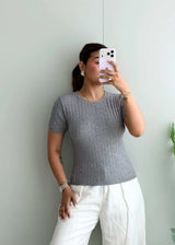 Size S-M, Grey Ribbed Half Sleeve Top - Closet by Payal