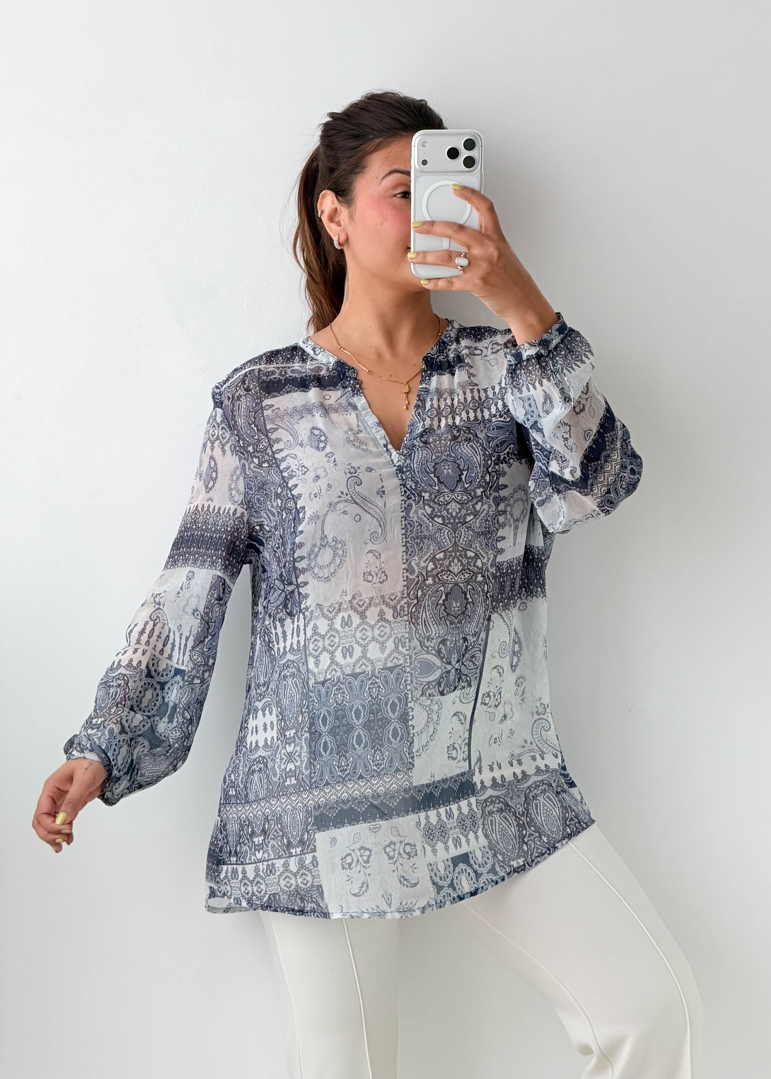 Size M-L Blue Paisley Chiffon Blouse