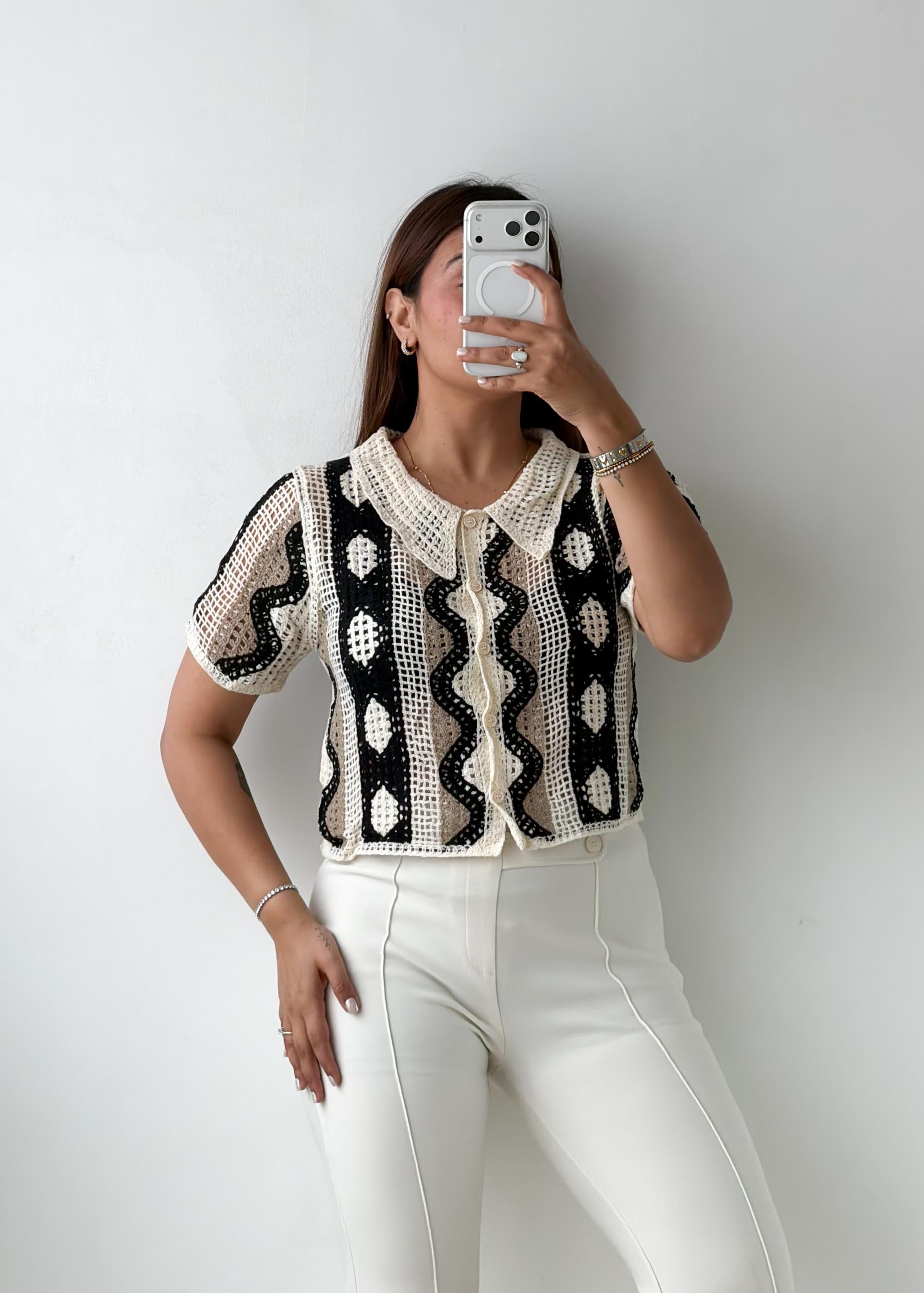 Size S-M Black & White Crochet Collar Top