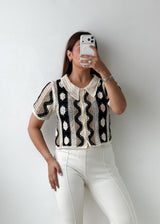 Size S-M Black & White Crochet Collar Top