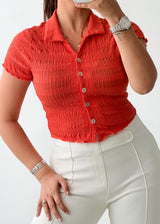 Size XS-S Coral Smocked Collared Top