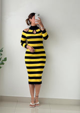 Size S-M Yellow & Black Striped Midi Dress