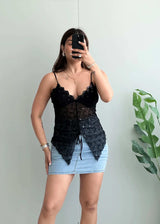 Size XS-S, Black Floral Lace Tie Front Statement Top - Closet by Payal