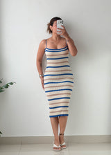 Size S-M Blue & Cream Striped Ribbed Knit Midi Dress