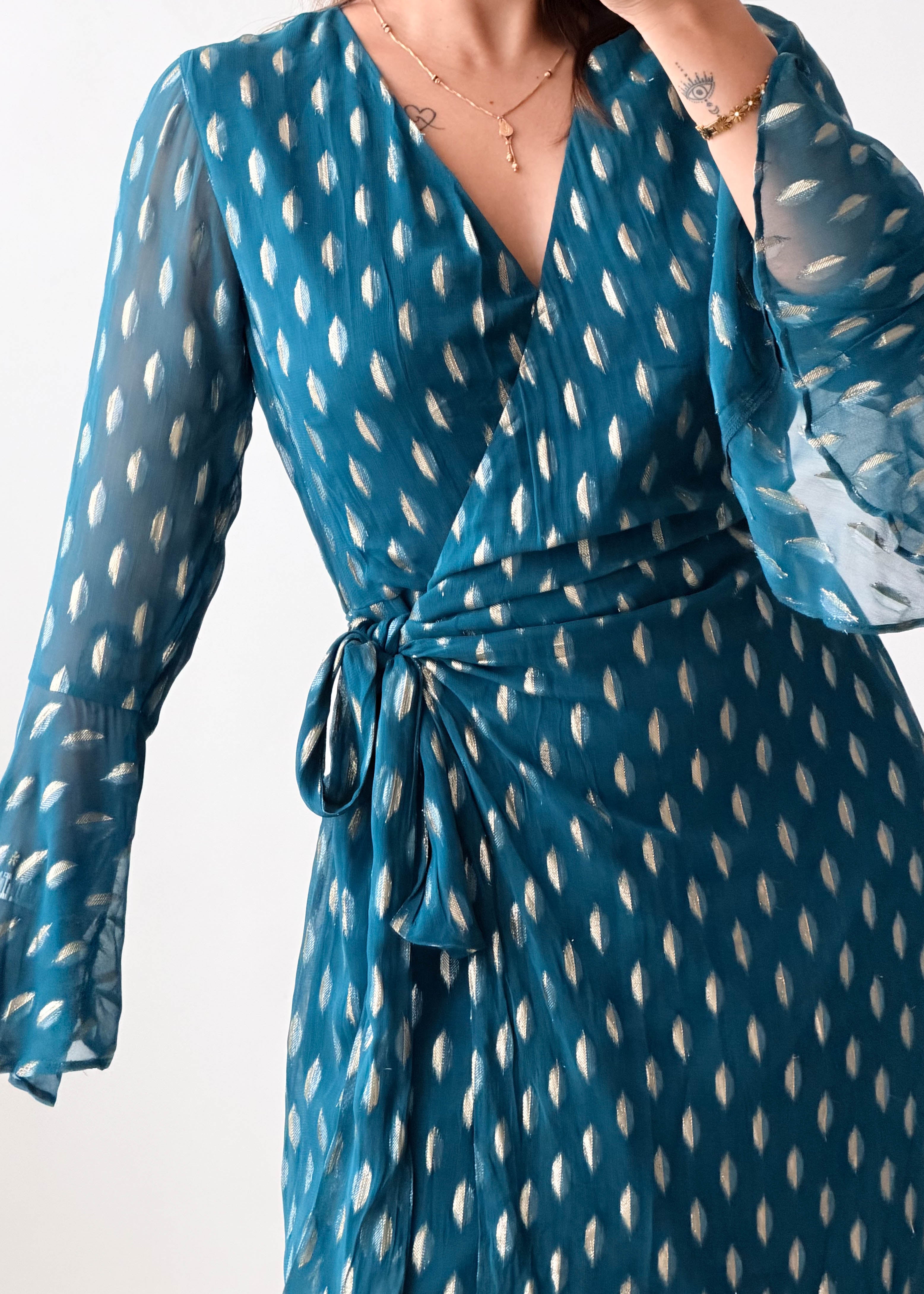 Size M-L Teal Printed Wrap Dress
