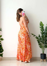 Size M-L, Orange Abstract Halter Maxi Dress