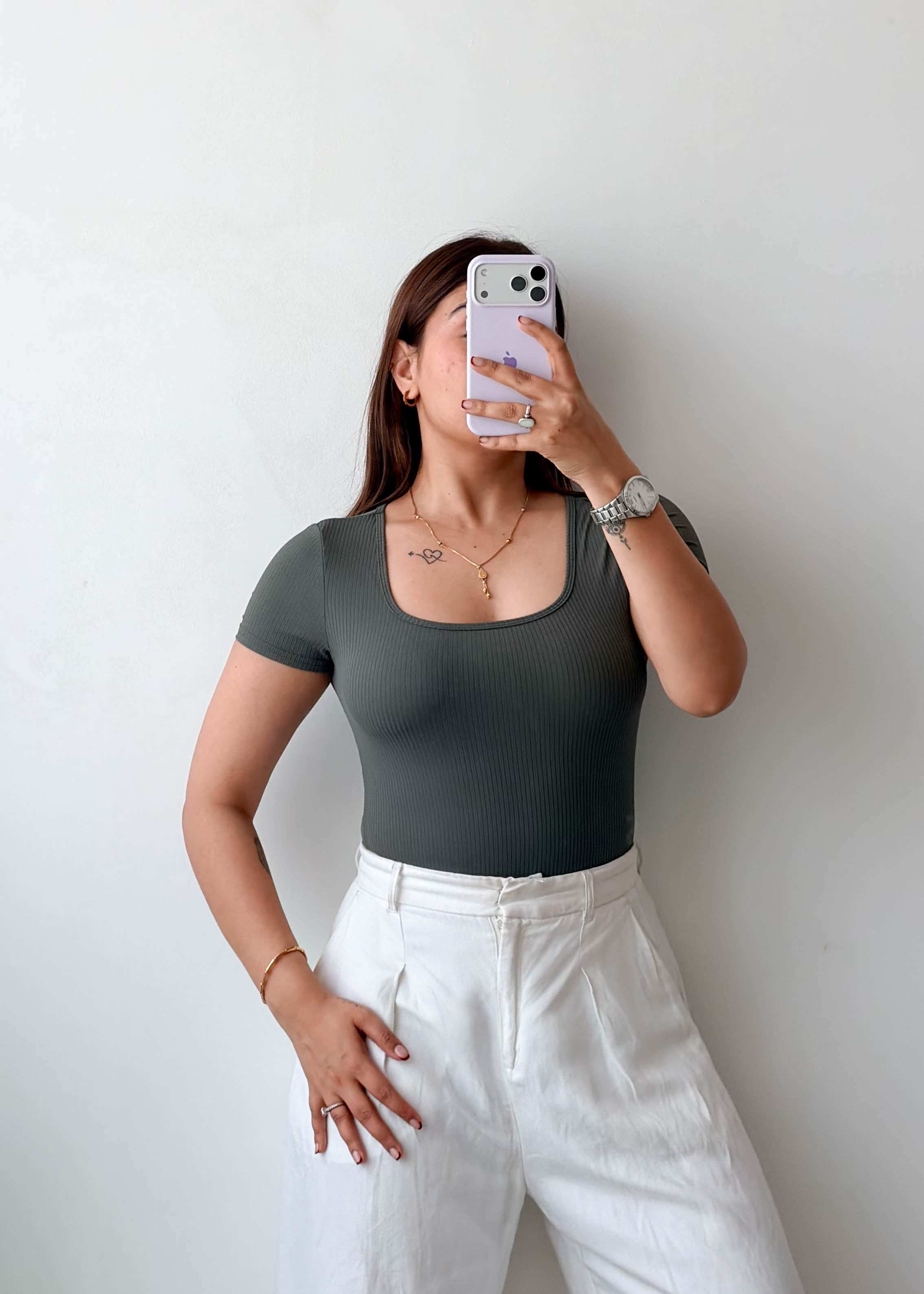 Size XS-S Olive Ribbed Scoop Neck Bodysuit