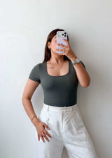 Size XS-S Olive Ribbed Scoop Neck Bodysuit