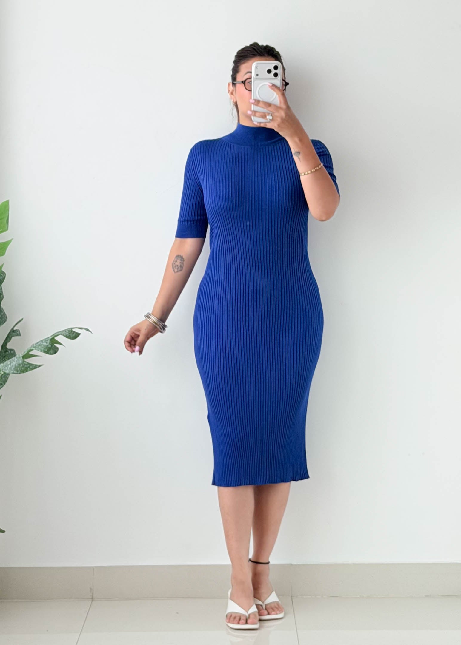 Size L-XL Royal Blue Ribbed Bodycon Midi Dress