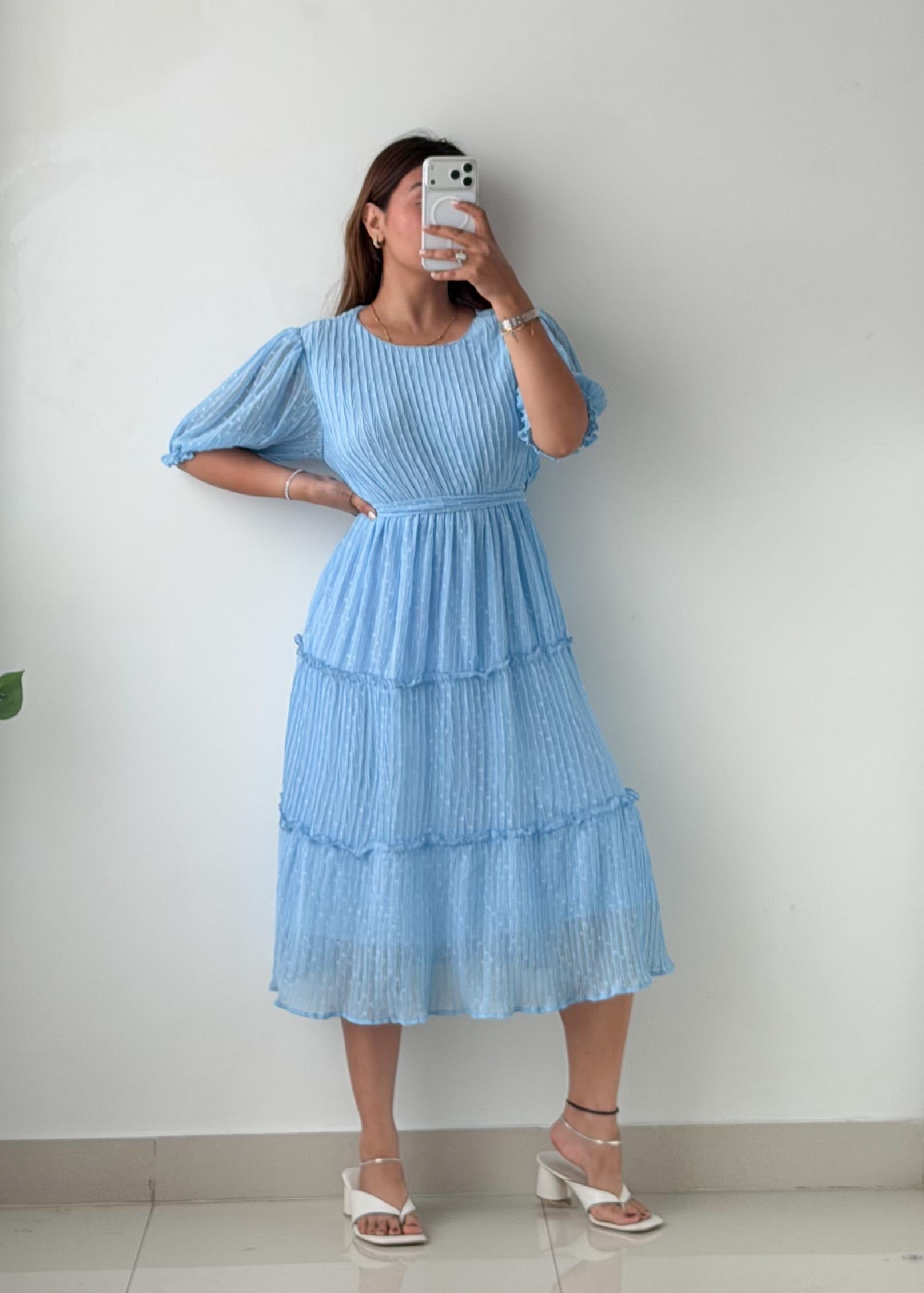 Size S-M Powder Blue Pleated Tiered Midi Dress