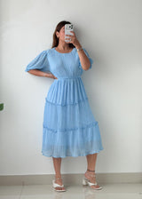 Size S-M Powder Blue Pleated Tiered Midi Dress