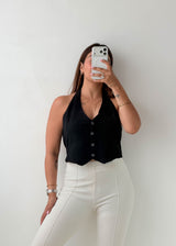 Size M-L Black Button Halter Crop Top