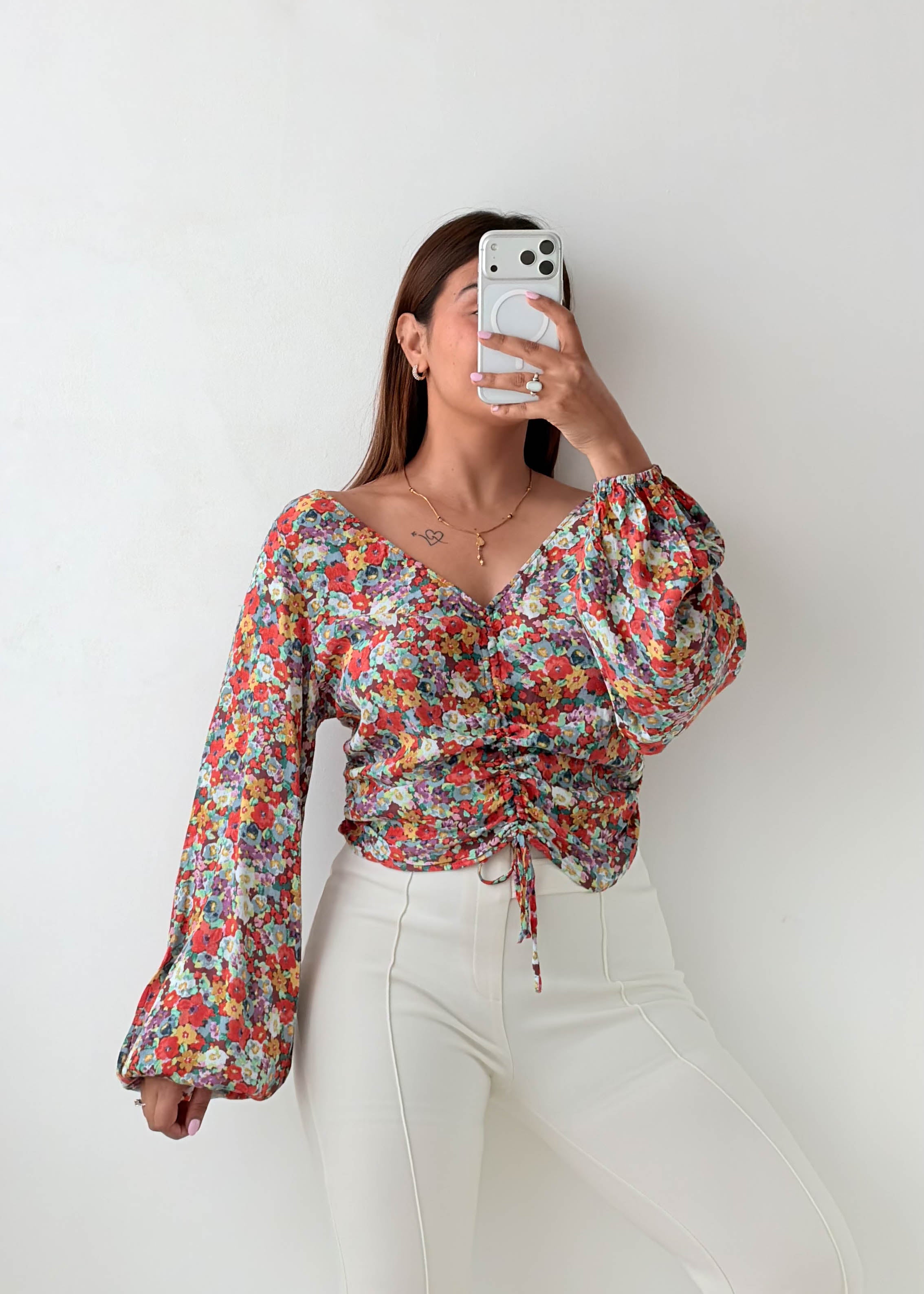 Size M-L Multicolor Floral Ruched Blouse
