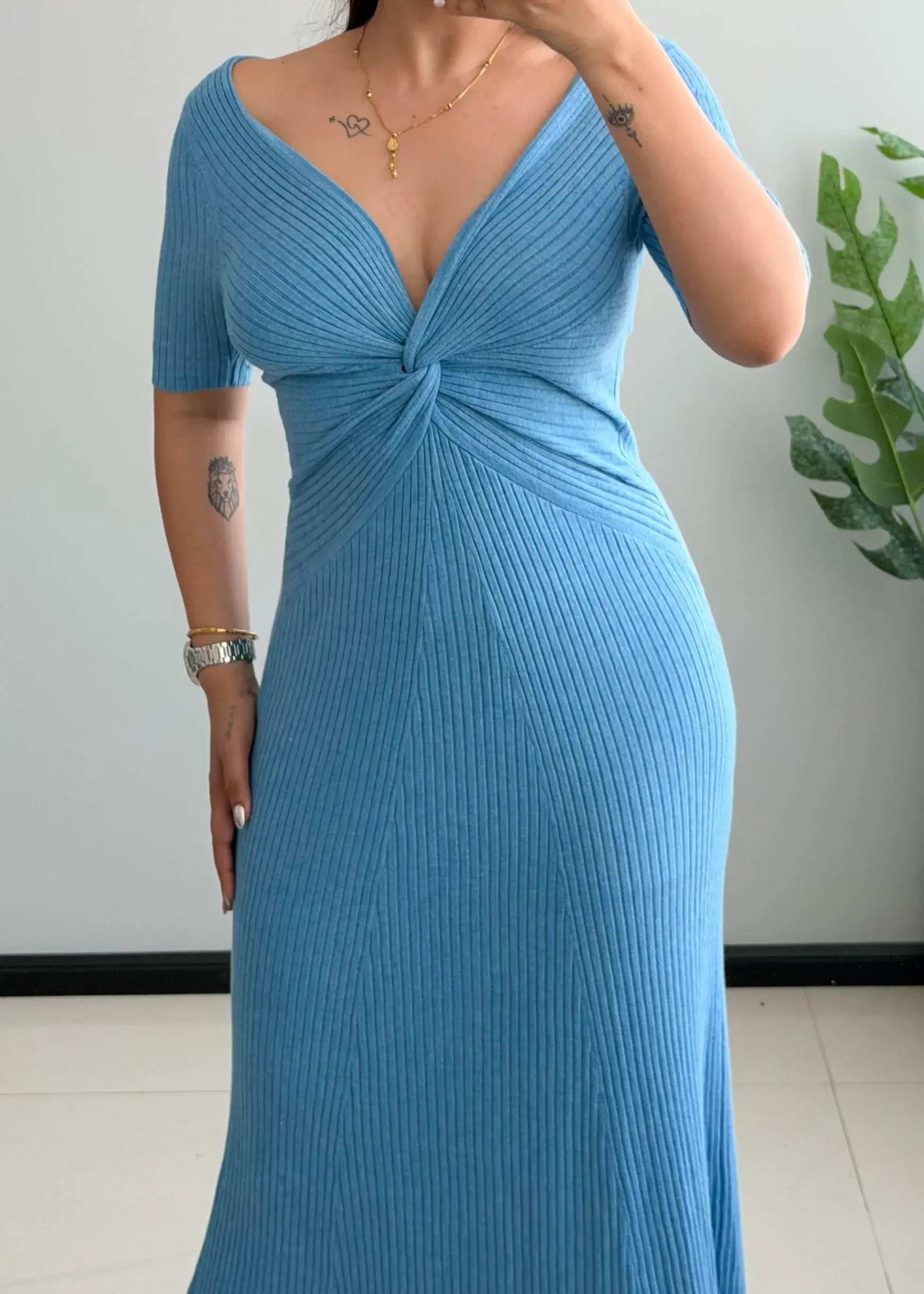 SIZE M-L, Blue Twist Front Ribbed Midi Dress - Closet by Payal