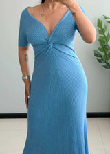 SIZE M-L, Blue Twist Front Ribbed Midi Dress - Closet by Payal