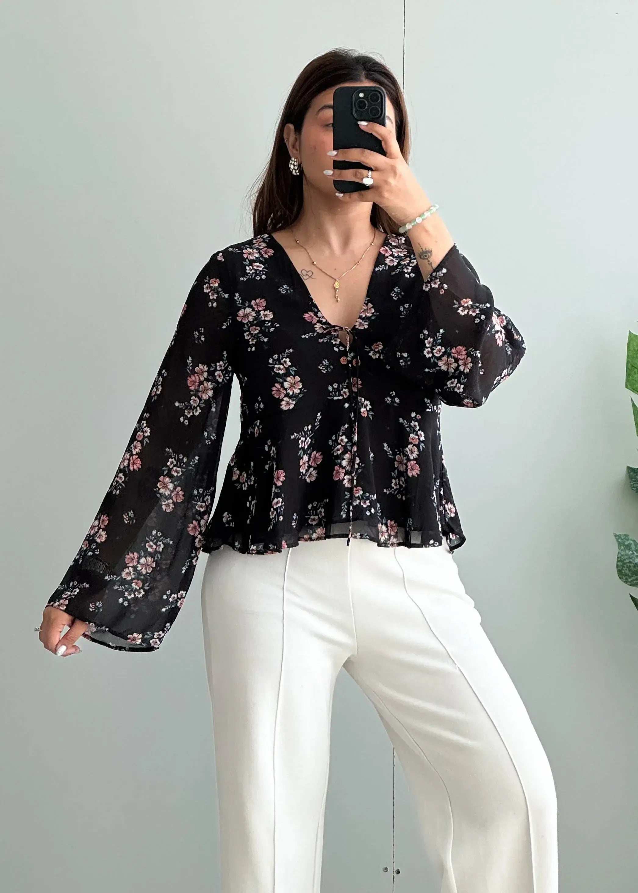 Size S-M, Black Floral Peplum Chiffon Top - Closet by Payal