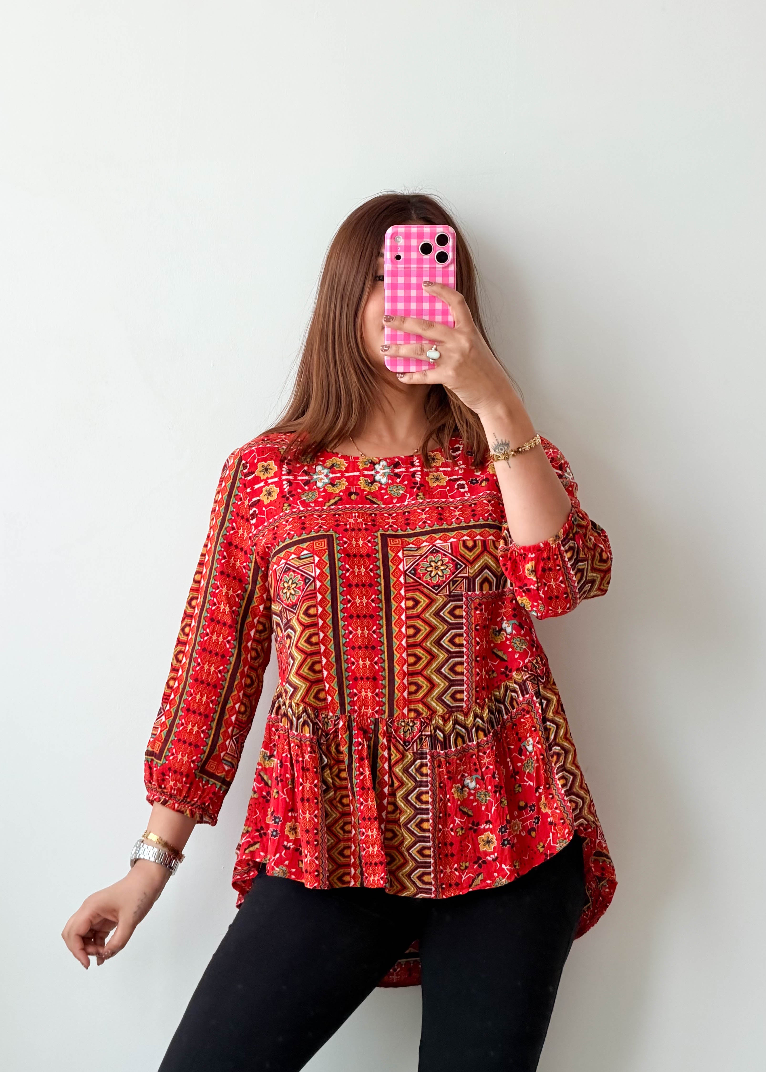 Size M-L Red Boho Print Peplum Tunic Top