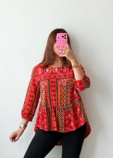 Size M-L Red Boho Print Peplum Tunic Top