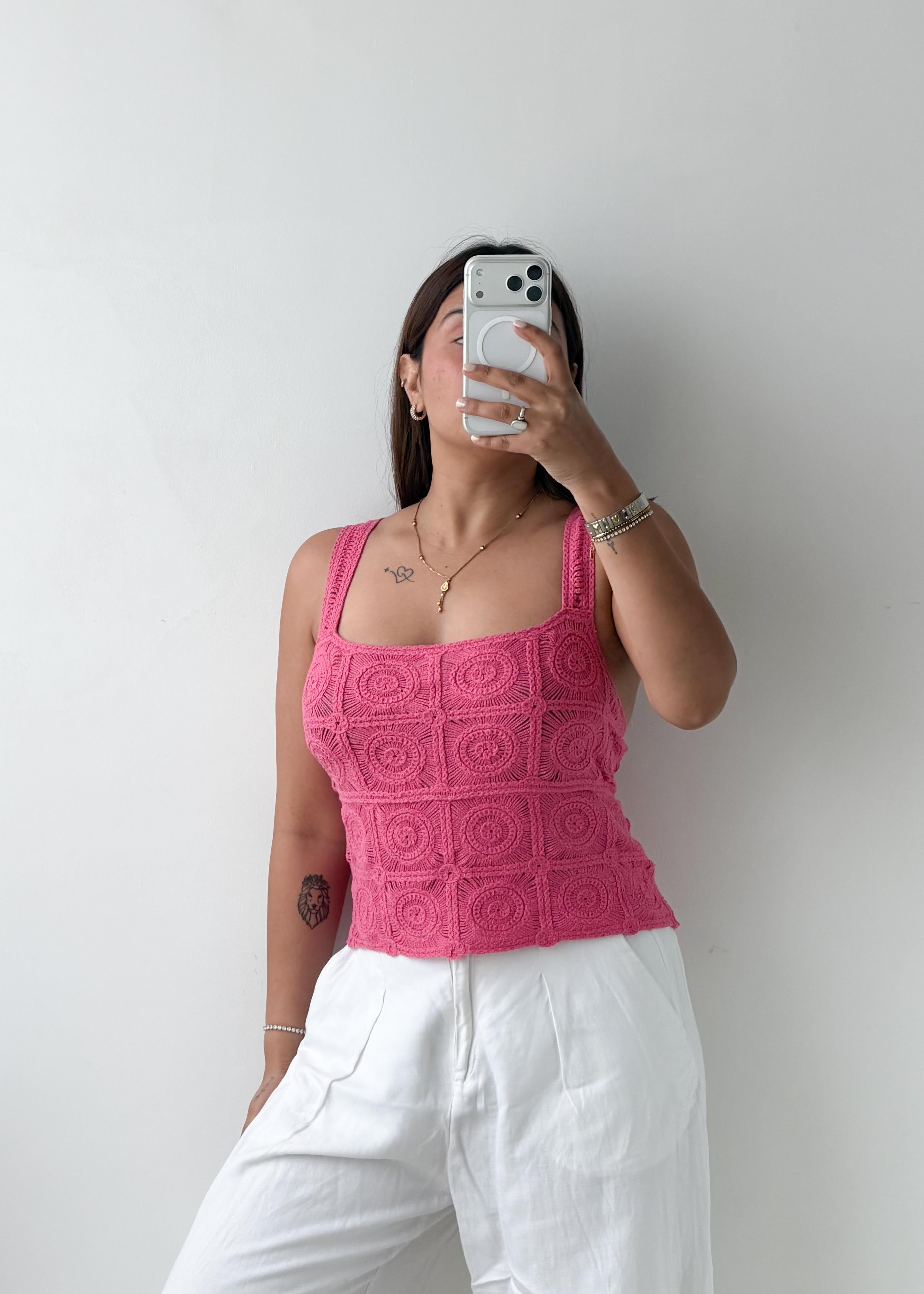 Size M-L Pink Crochet Knit Tank Top