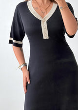 Size L-XL Black Contrast Trim Knit Midi Dress