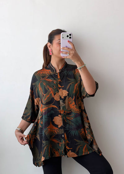 M-L Black Tropical Soft Chiffon Oversized Shirt