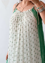 Size M-L White & Green Printed Midi Dress With Lining