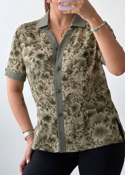 XS-S Olive Floral Viscose Shirt