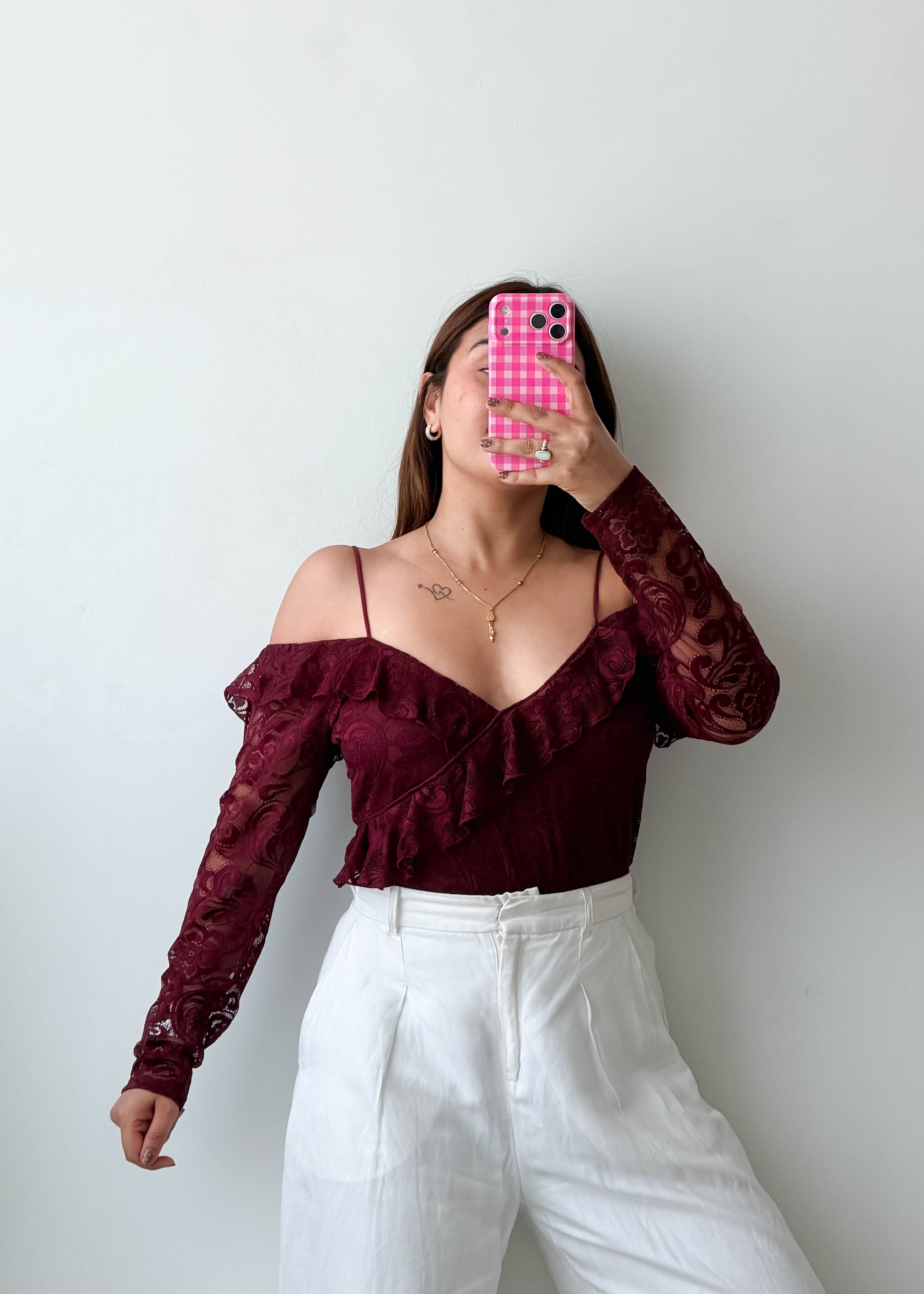 Size M-L Burgundy Lace Ruffle Bodysuit