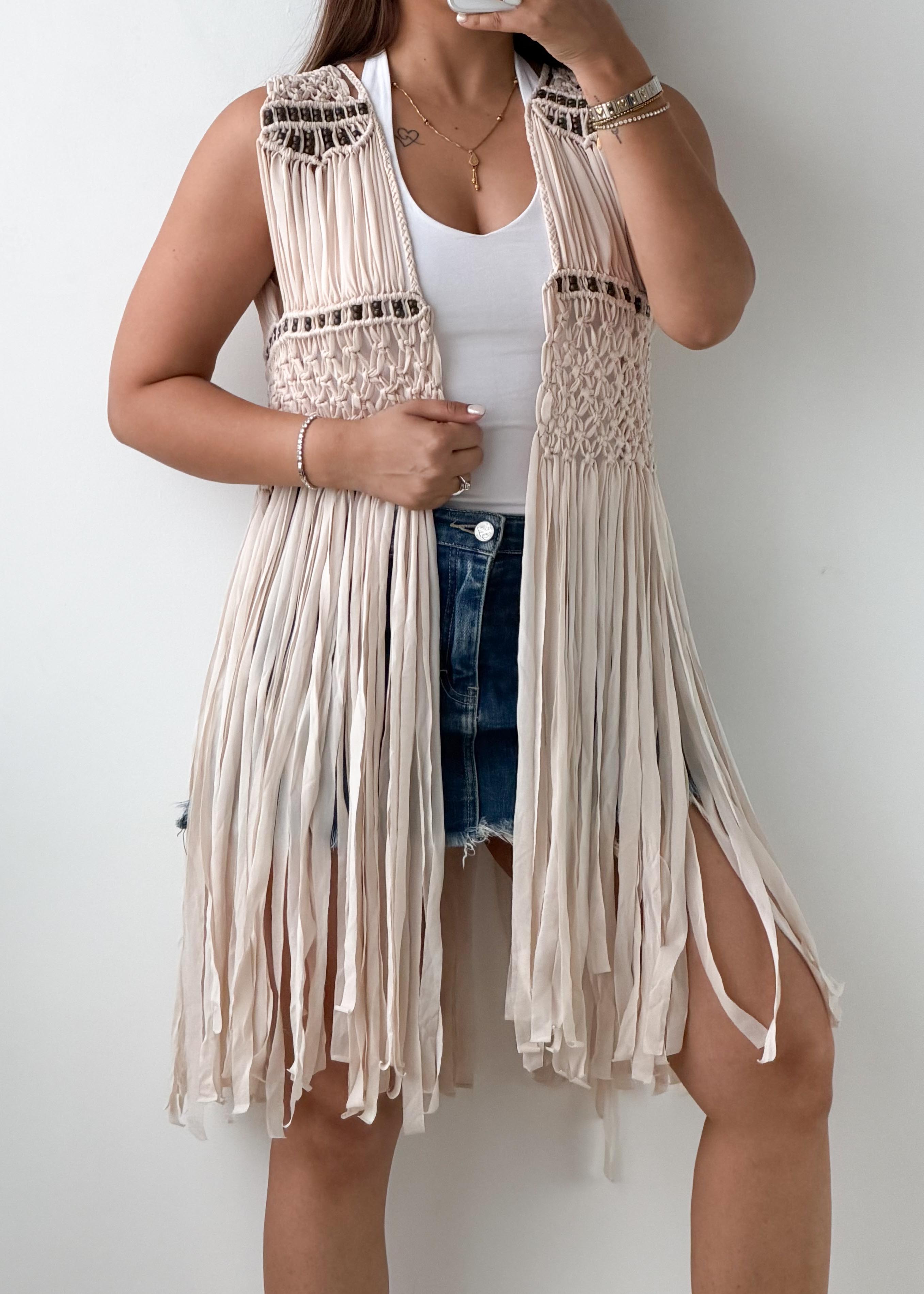 Free Size Beige Fringe Crochet Vest Top