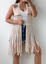 Free Size Beige Fringe Crochet Vest Top