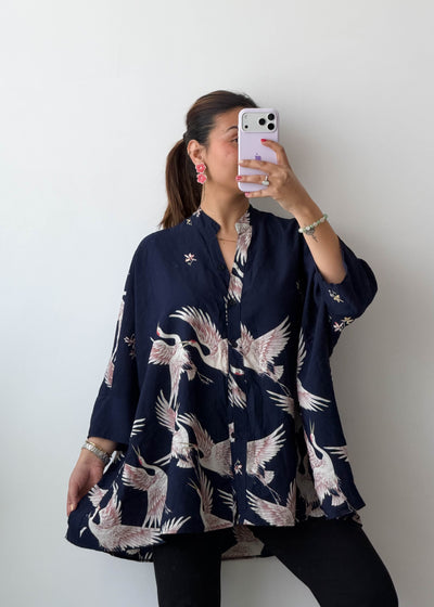 Free Size Navy Crane Print Soft Chiffon Oversized Shirt