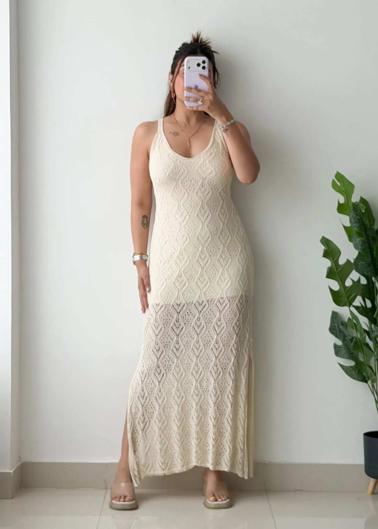 Size M-L, Beige Crochet Maxi Dress