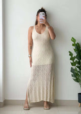Size M-L, Beige Crochet Maxi Dress