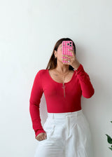 Size M-L Red Zip Front Ribbed Bodysuit