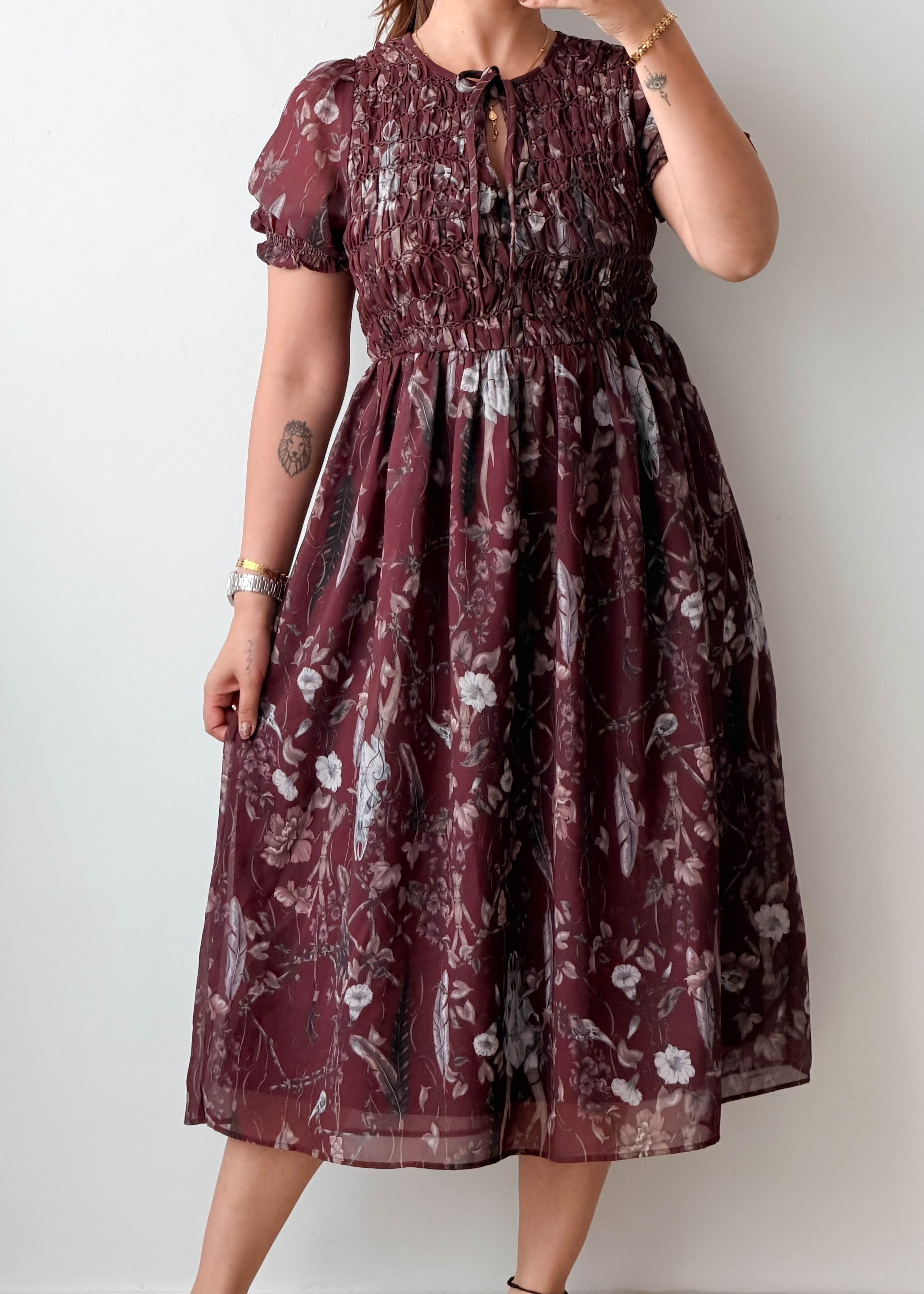Size M-L Burgundy Floral Organza Midi Dress
