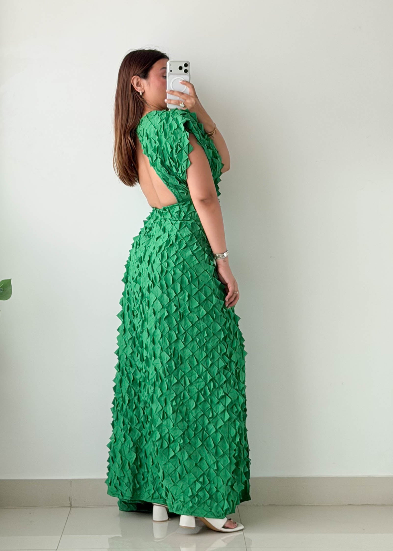 Size XS-S Green Textured Slit Maxi Dress
