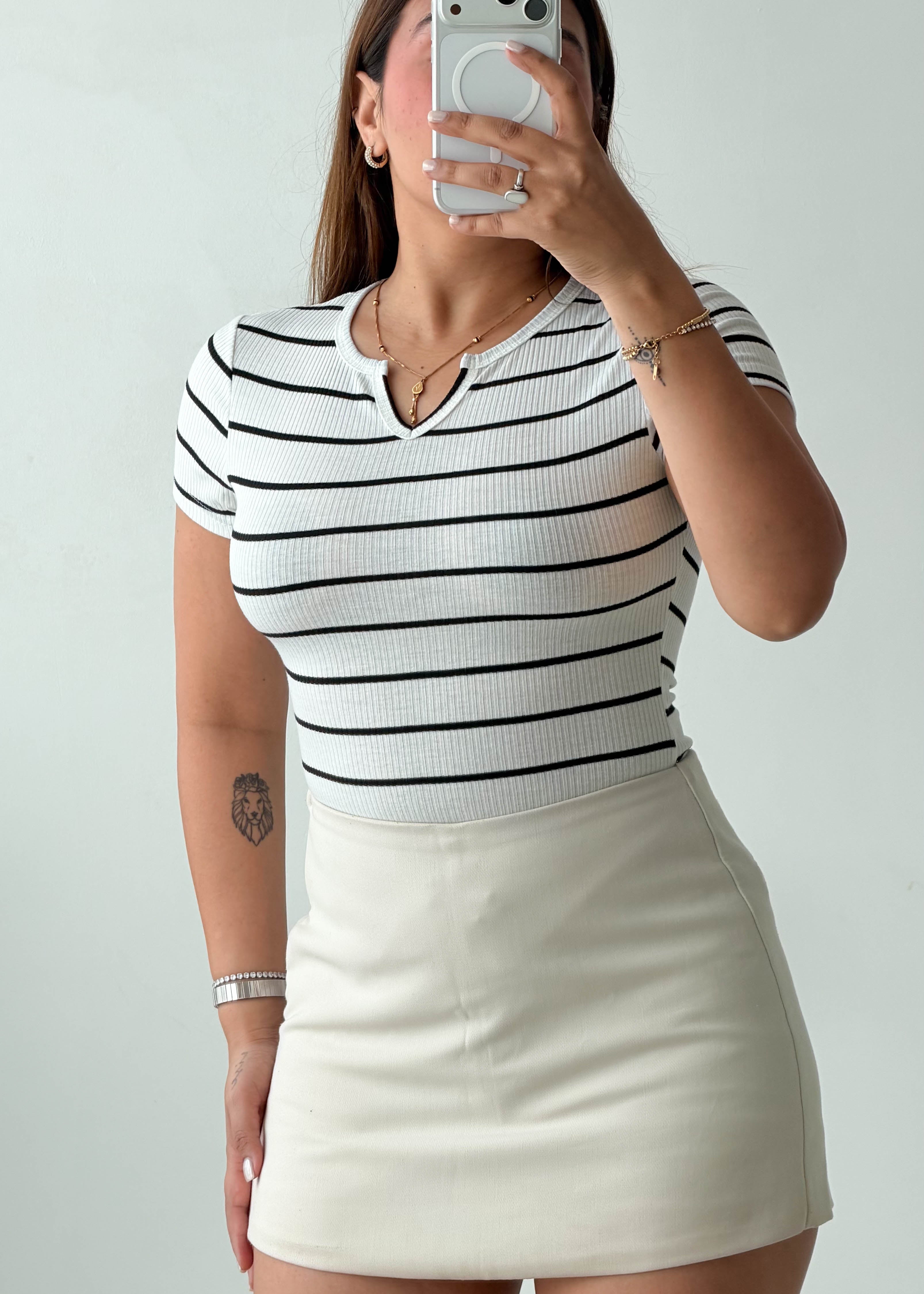 Size XS-S White Striped Collar Bodysuit
