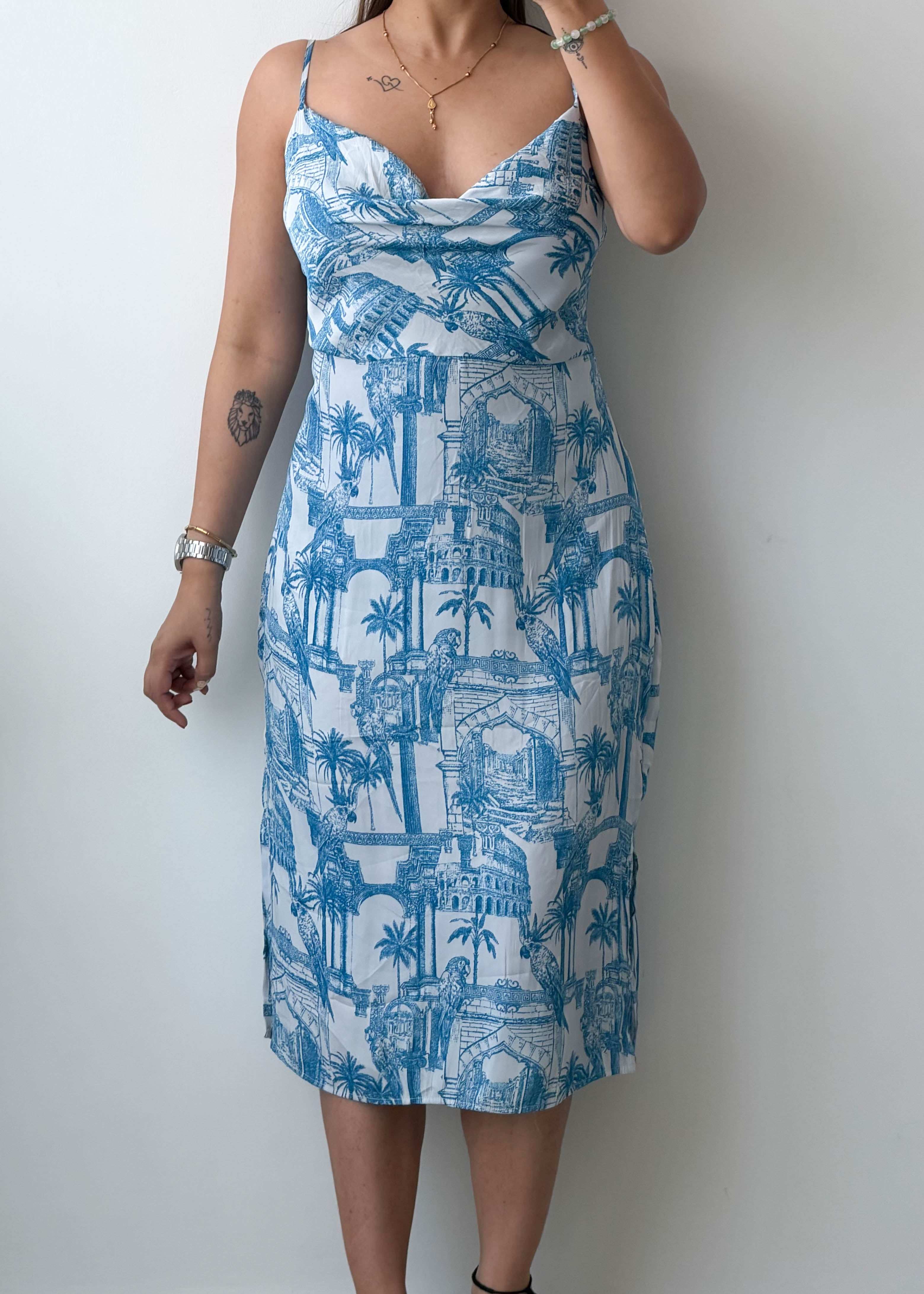 M-L Blue White Printed Midi Dress