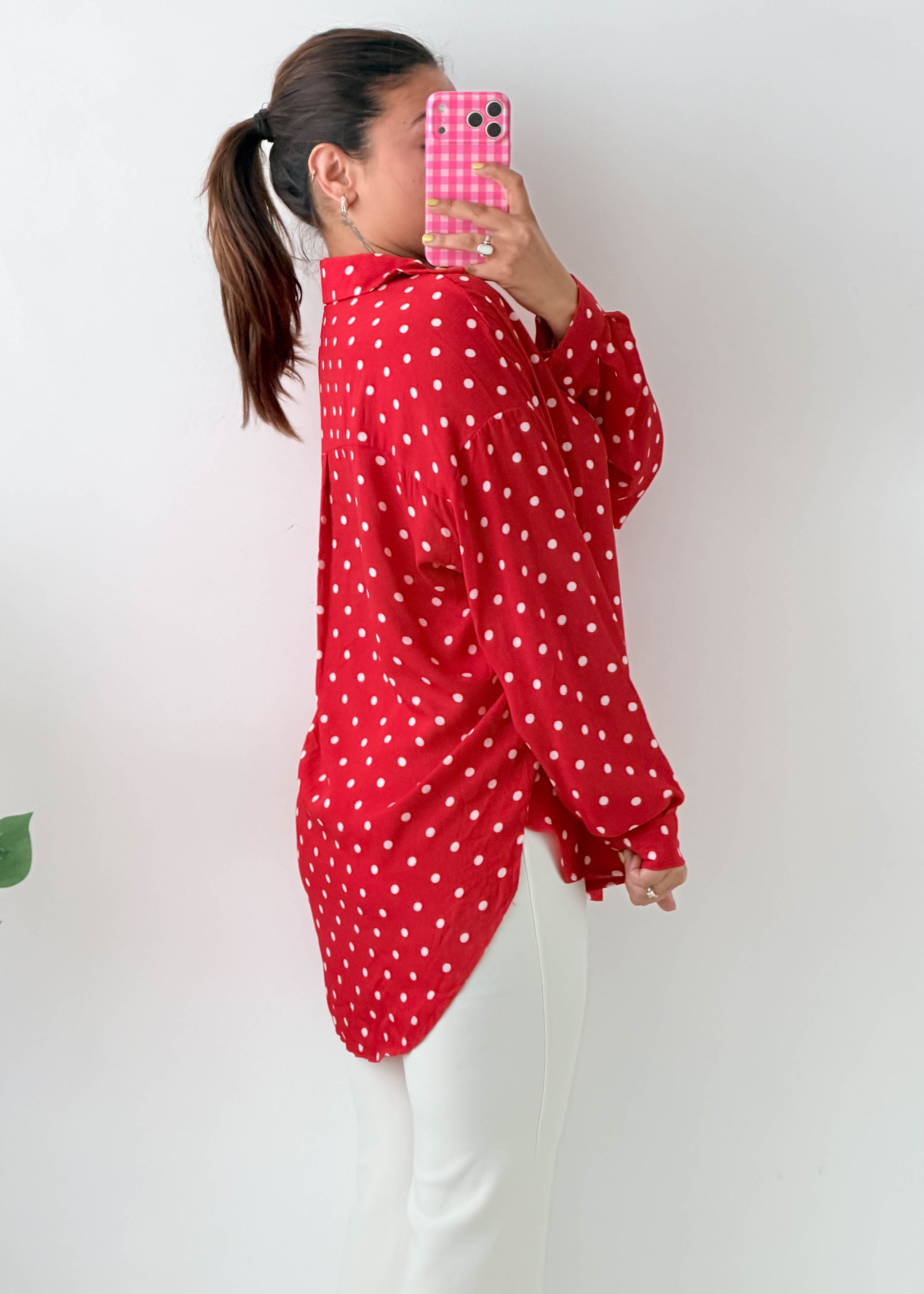 Size M-XL Red Polka Dot Oversized Shirt