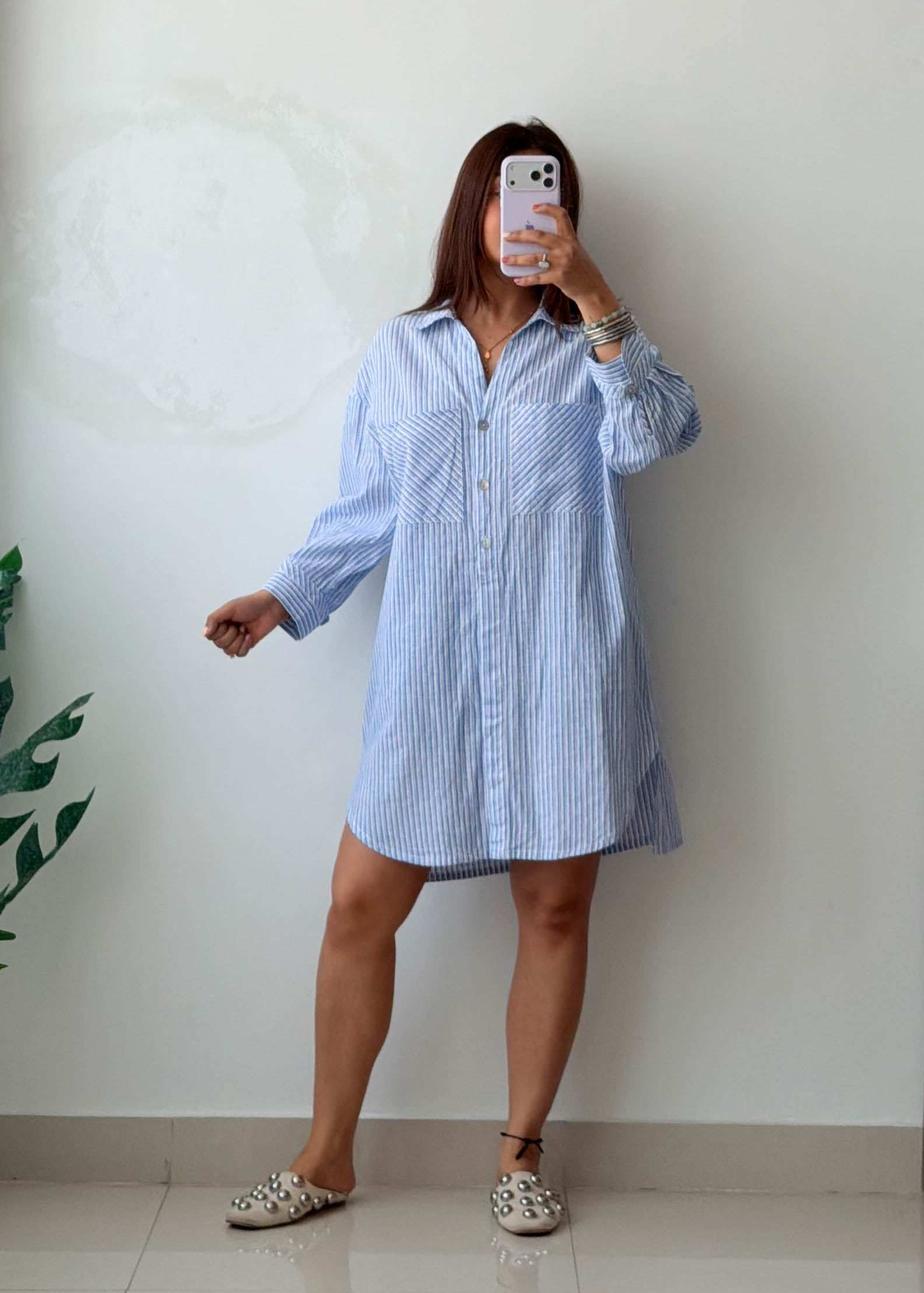 Size M-L Cotton Blue Striped Shirt Dress