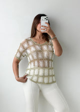 Size S-M sage Floral Crochet Knit Top