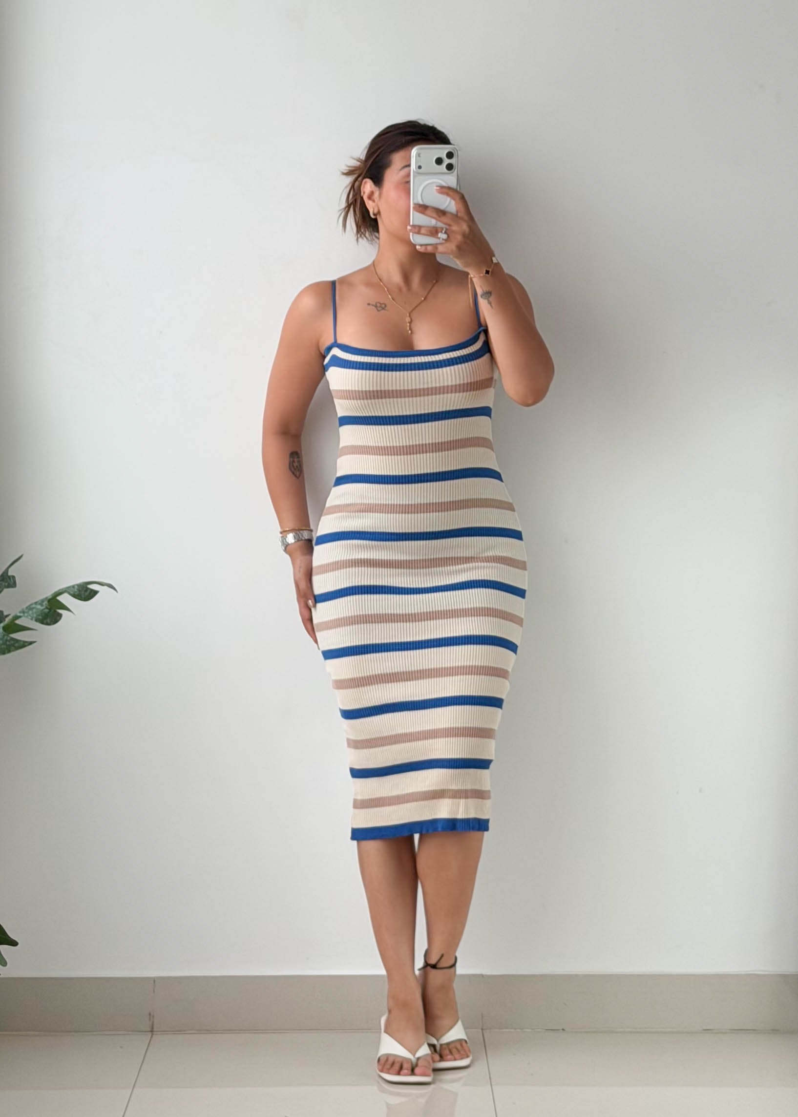 Size S-M Blue & Cream Striped Ribbed Knit Midi Dress