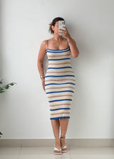 Size S-M Blue & Cream Striped Ribbed Knit Midi Dress
