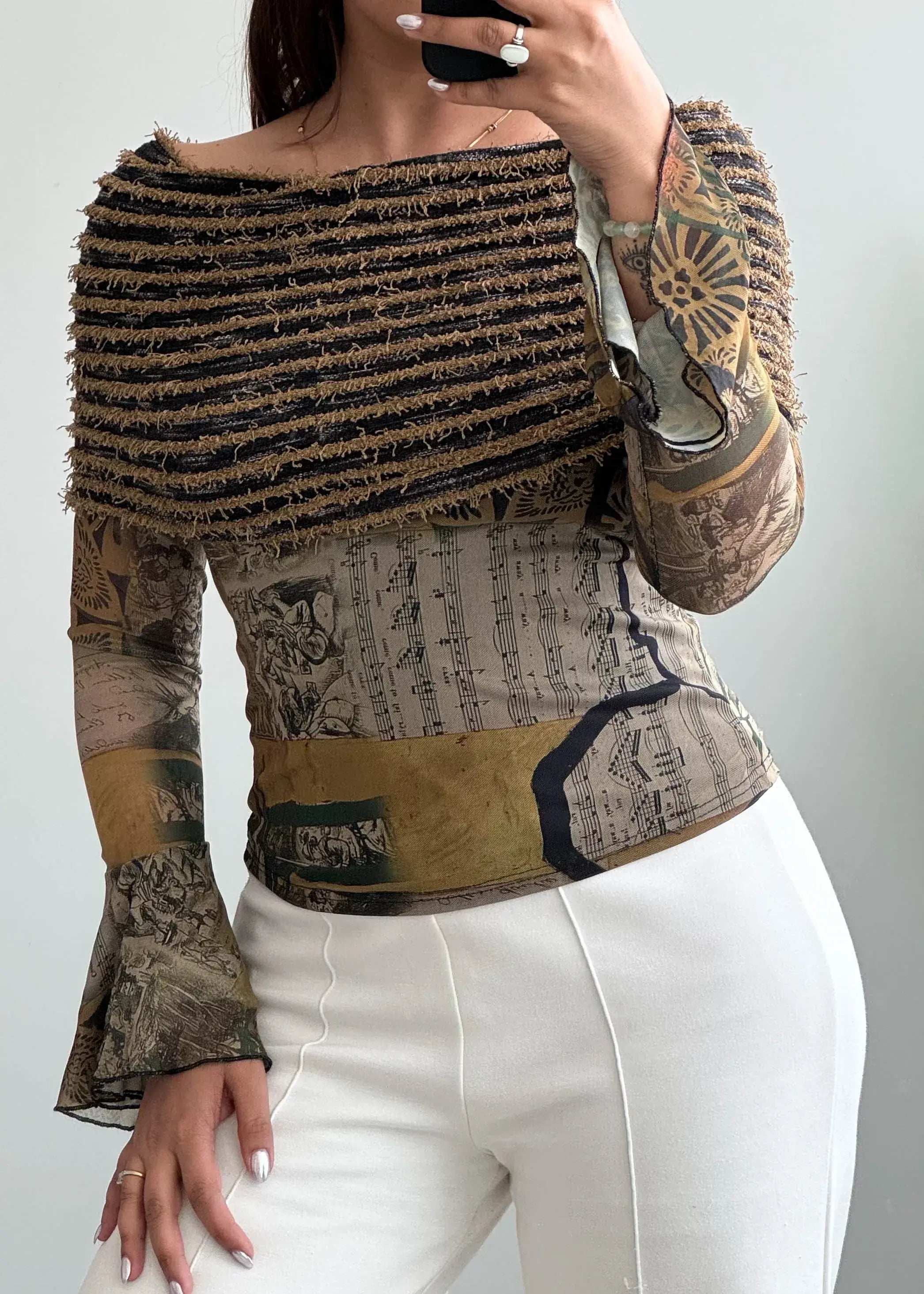 Size XS-S, Vintage Art Print Off Shoulder Top for Women - Closet by Payal