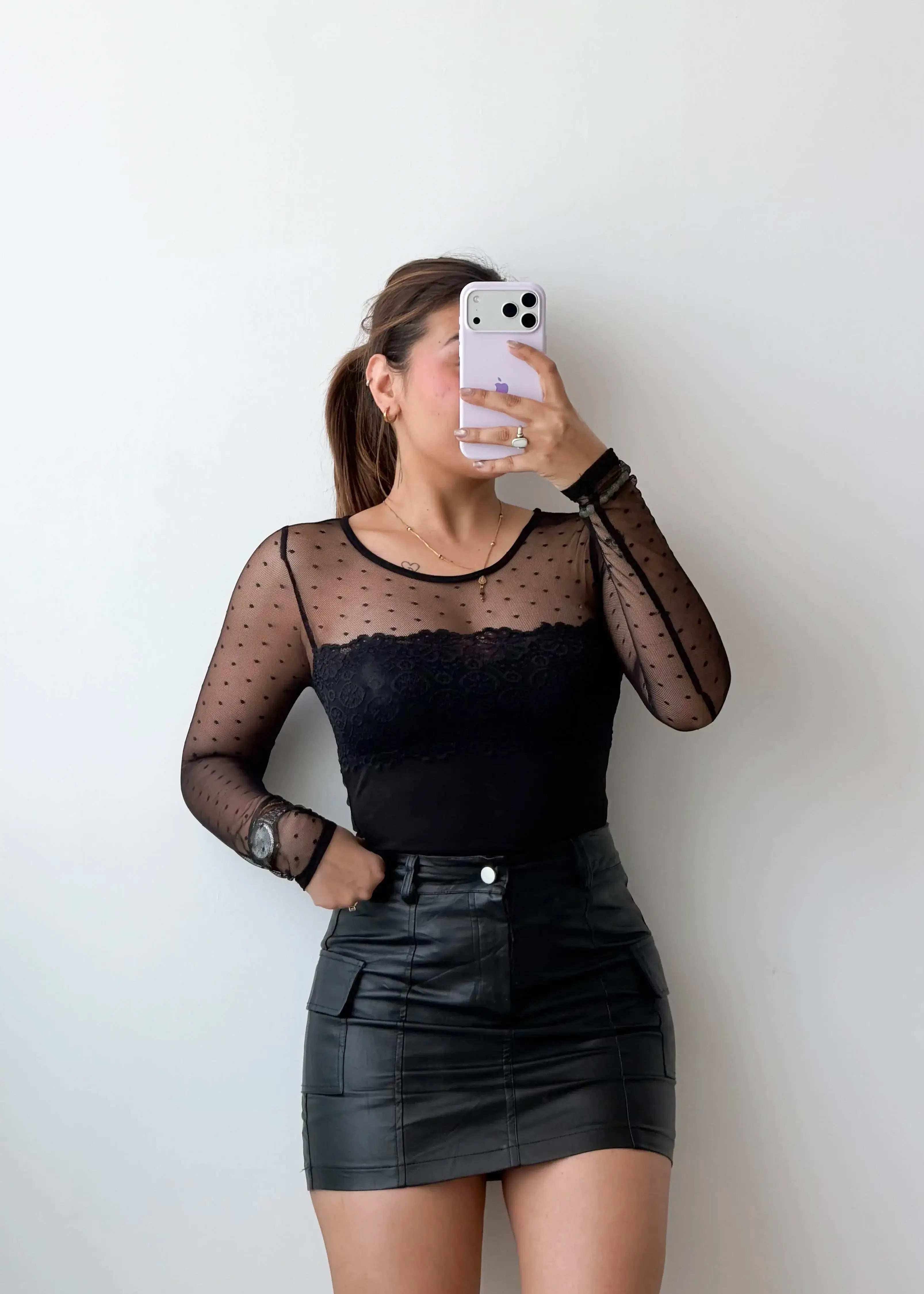 Size XS-S Black Sheer Polka Mesh Bodysuit