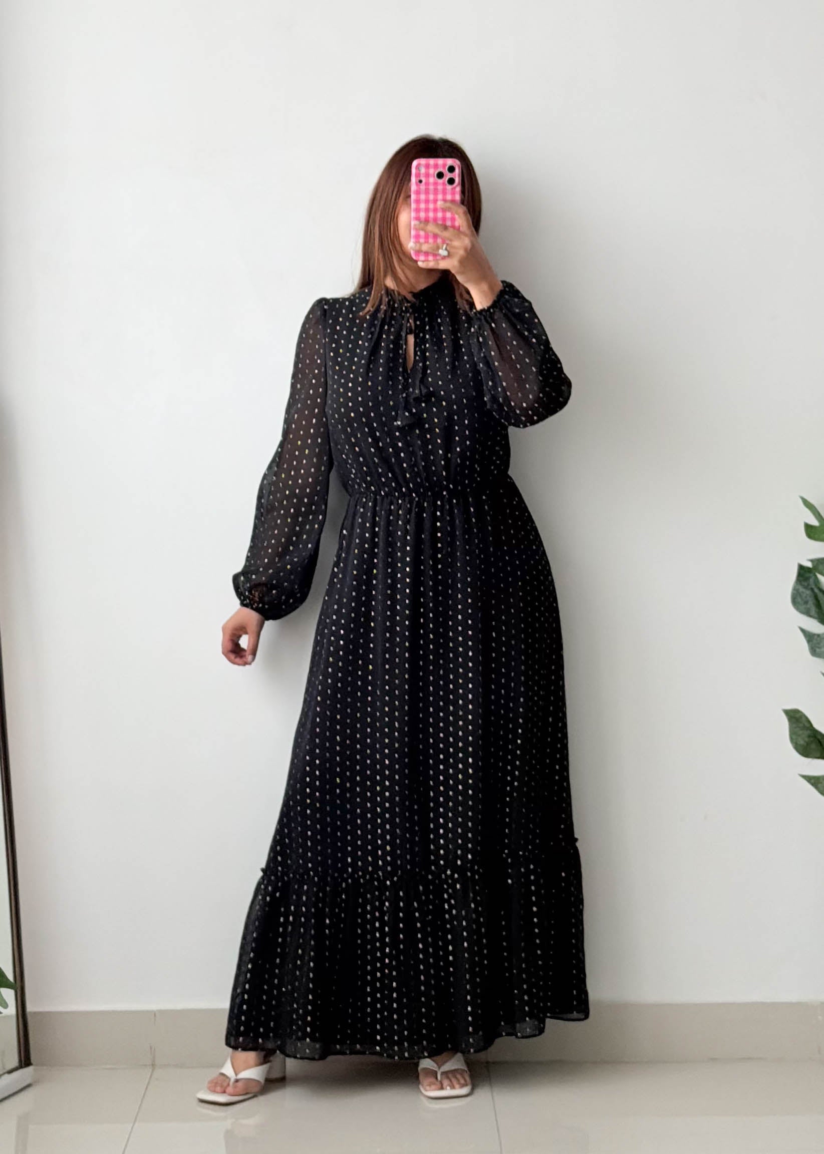 Size M-L Black Polka Dot Maxi Dress