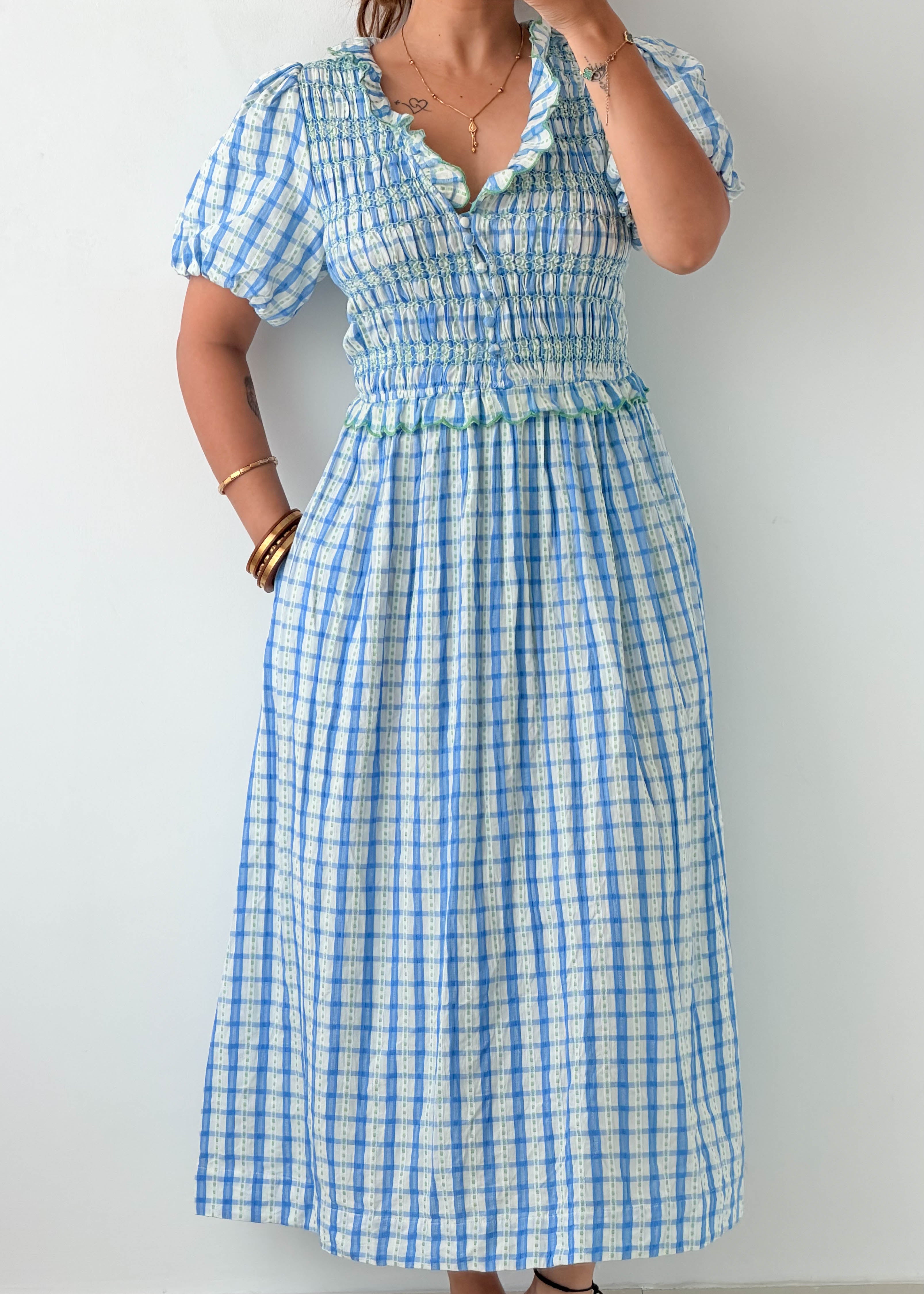 Size M-L / XL-2XL Blue Gingham Midi Dress